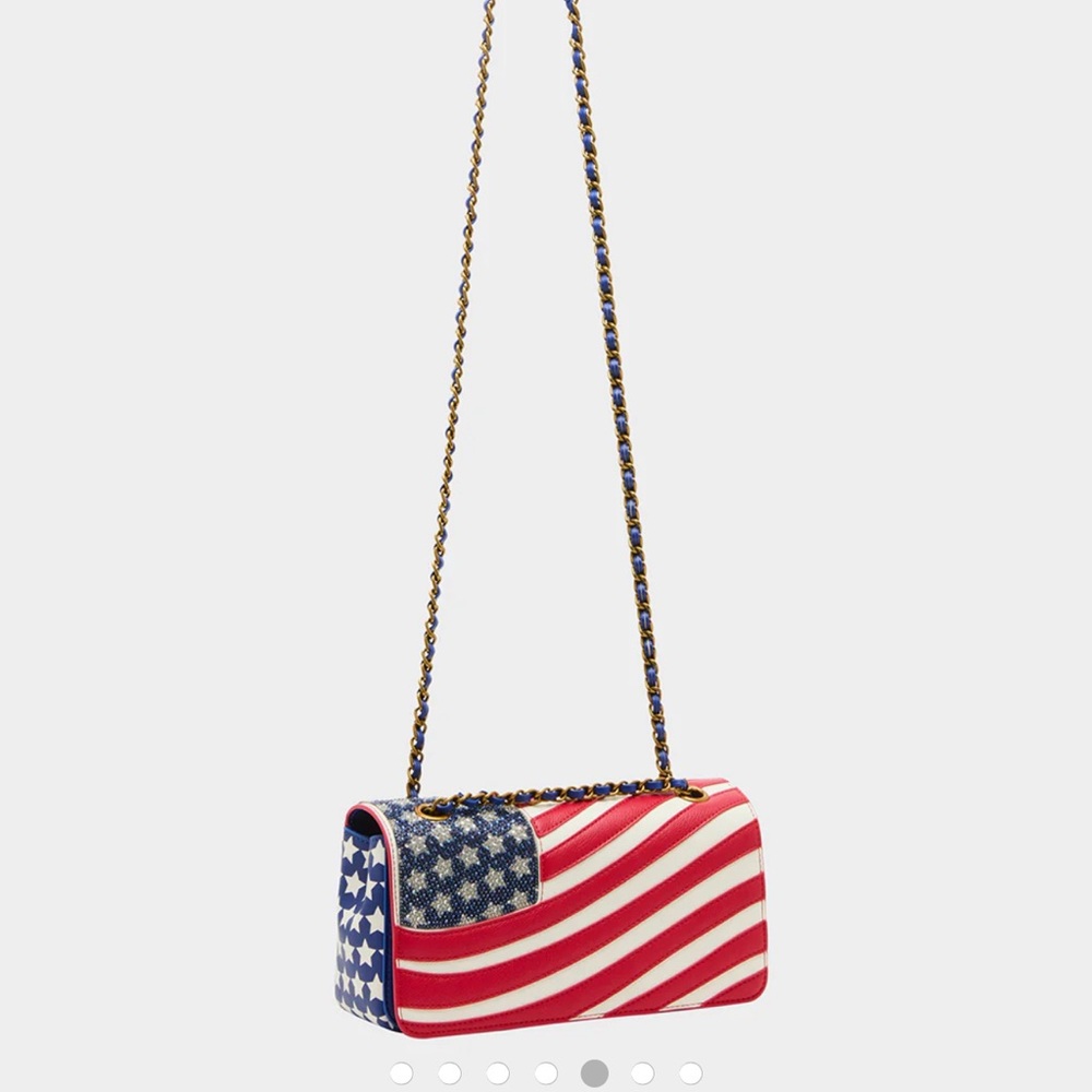 BETSY JOHNSON Freedom Crossbody Rhinestone Patriotic Red White Blue Bag USA FLAG